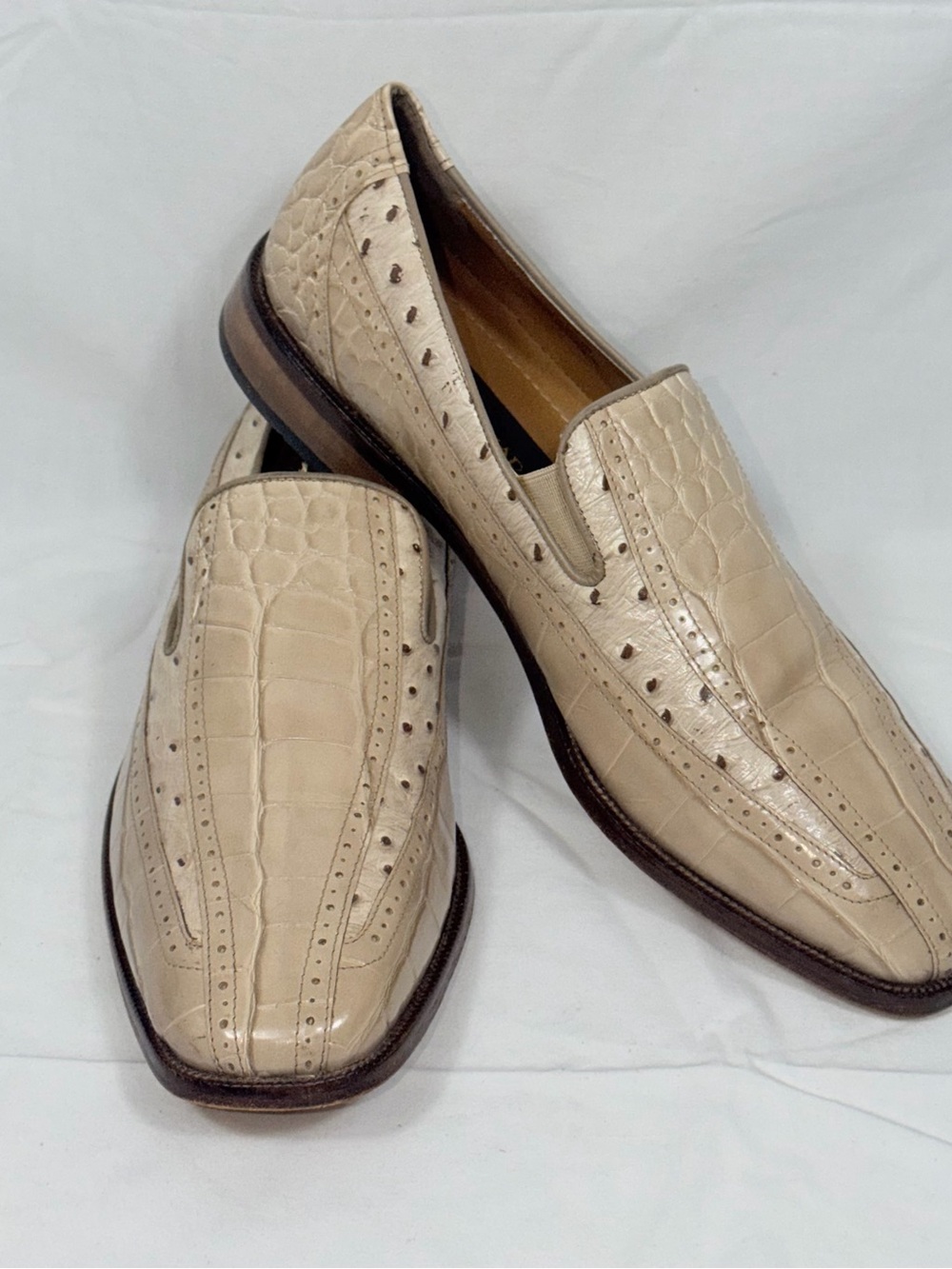 Stacy Adams Cream Croc Ostrich Print Perforated Men's Dress Loafers Shoes Sz 12
